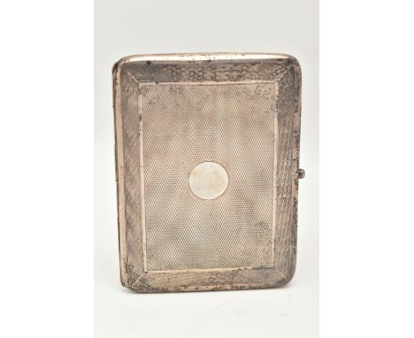 A GEORGE V SILVER CIGARETTE CASE, rectangular form case with engine turned pattern and circular cartouche, approximate length