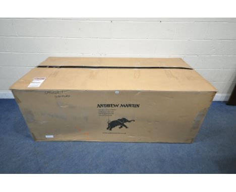 A BOXED GREY ANDREW MARTIN INIGO SOFA, length 198cm x depth 89cm x height 75cm (condition report: box opened, legs and cushio