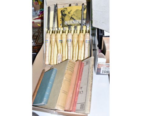 A BOX OF VINTAGE WOODWORKING TOOLS AND BOOKS to include a box of vintage Marples woodturning tools comprising eight wooden ha