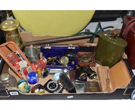 A BOX OF METALWARE AND SUNDRY ITEMS, to include a brass E. Thomas &amp; Williams Ltd Aberdale miner's lamp, a military enamel