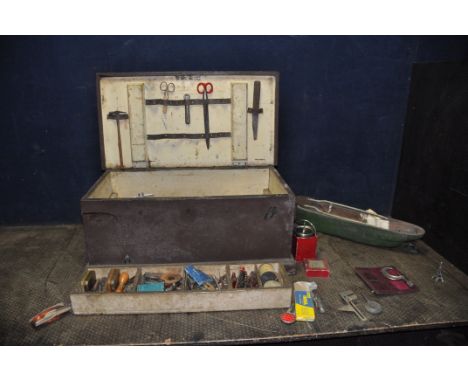 A VINTAGE WOODEN TOOLCHEST CONTAINING TOOLS AND COLLECTABLES including a project pond yacht, a Progress Gyroscope, a micromet