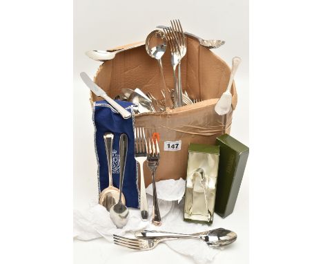 A BOX OF ASSORTED WHITE METAL WARE, to include a boxed pair of 'Harrods' silver sugar tongs with Celtic pattern, hallmarked '