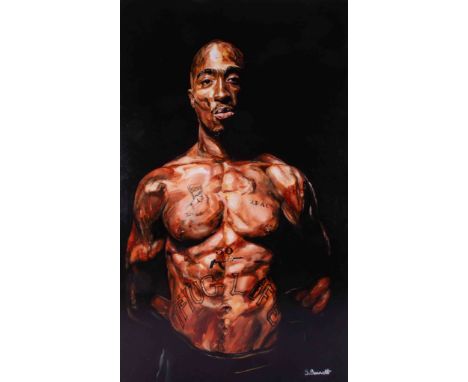 Simon K Bennett (Plymouth artist), oil on board of the rapper 'Tupac', signed on reverse, dated 2011, 101cm x 61cm, unframed.
