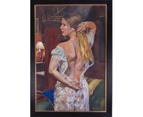 Simon K Bennett (Plymouth artist), 'Jodie' oil on canvas, circa 2016, signed to reverse, 87cm x 57cm, framed and glazed.
