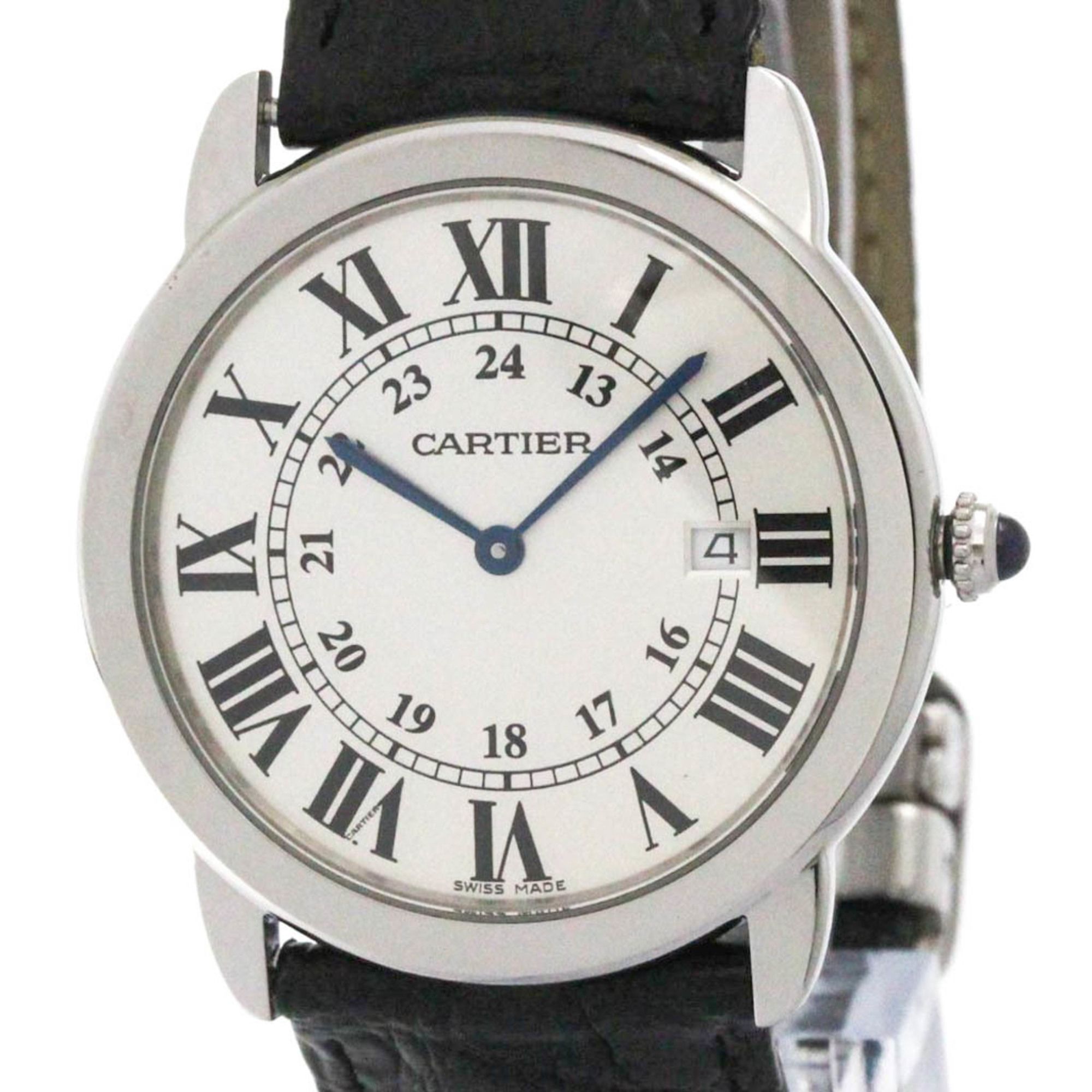 CARTIER Ronde Solo LM Steel Leather Quartz Mens Watch W6700255 Polished