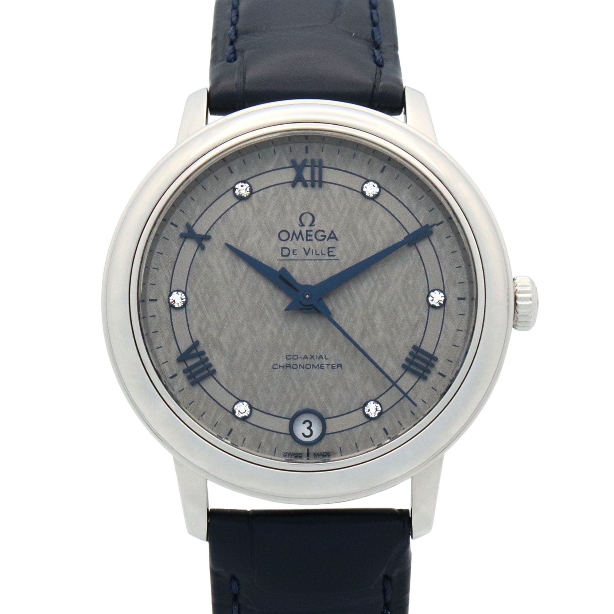 OMEGA De Ville Prestige Watch, Diamond-Set Stainless Steel with Leather Strap, Gray, Women's, 424.13