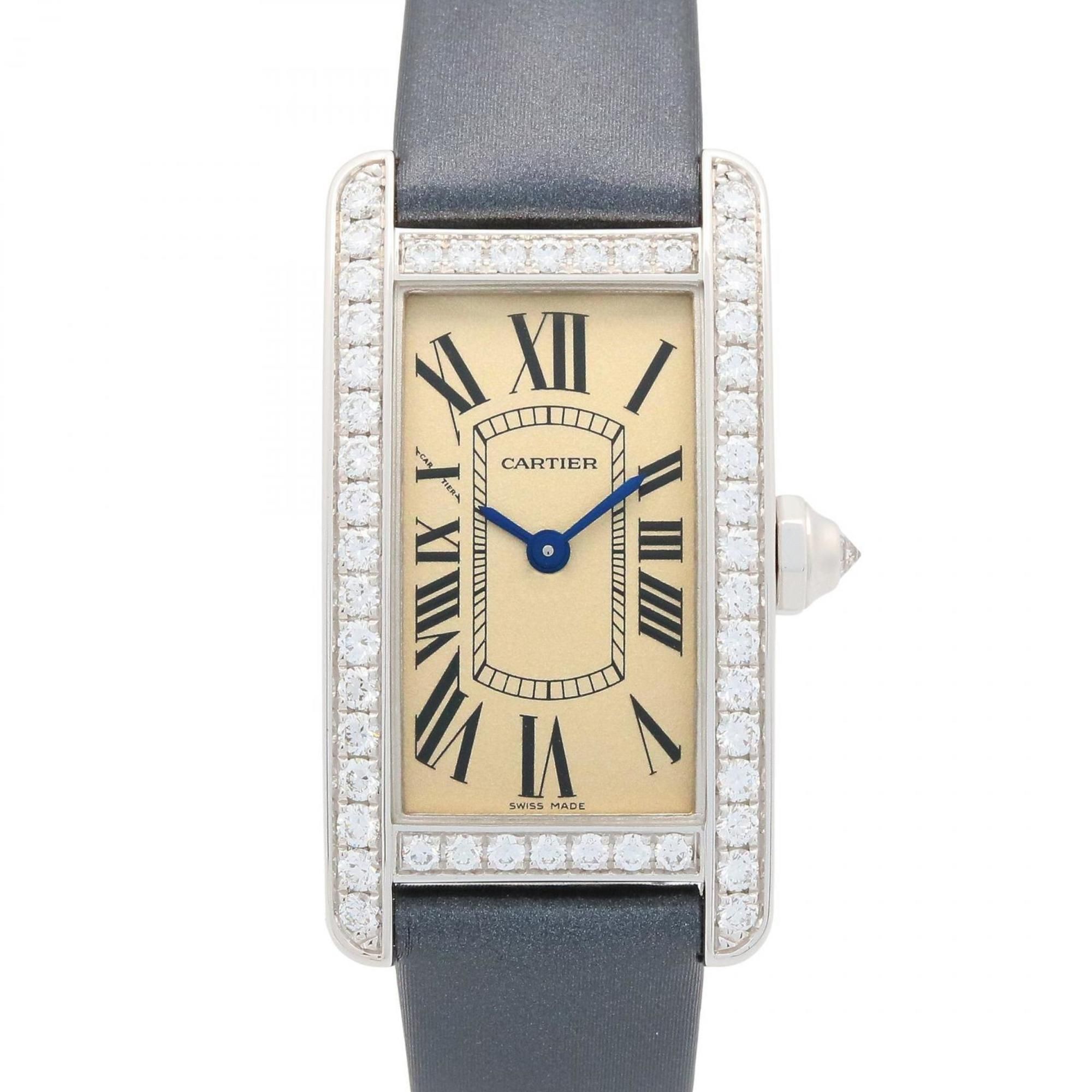 Cartier Tank Américaine SM Watch with Diamond Bezel, 18K White Gold (WB707331), Leather Strap, Diamo