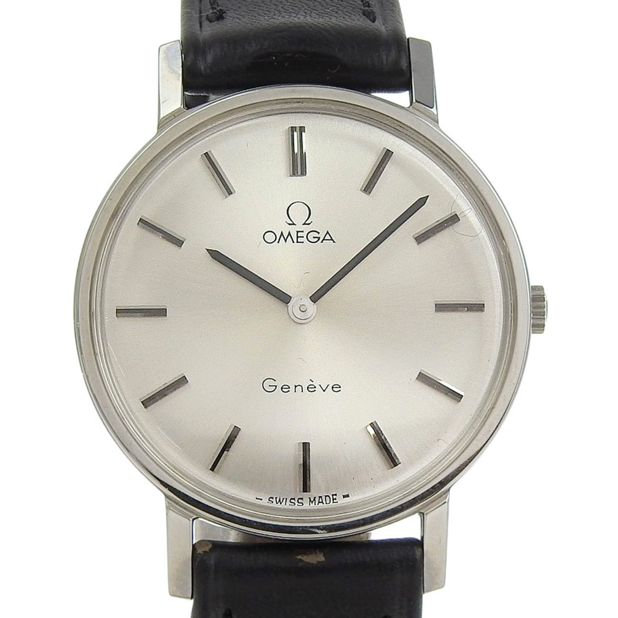 OMEGA Geneva watch cal.625 stainless steel x leather hand-wound analog display silver dial men's