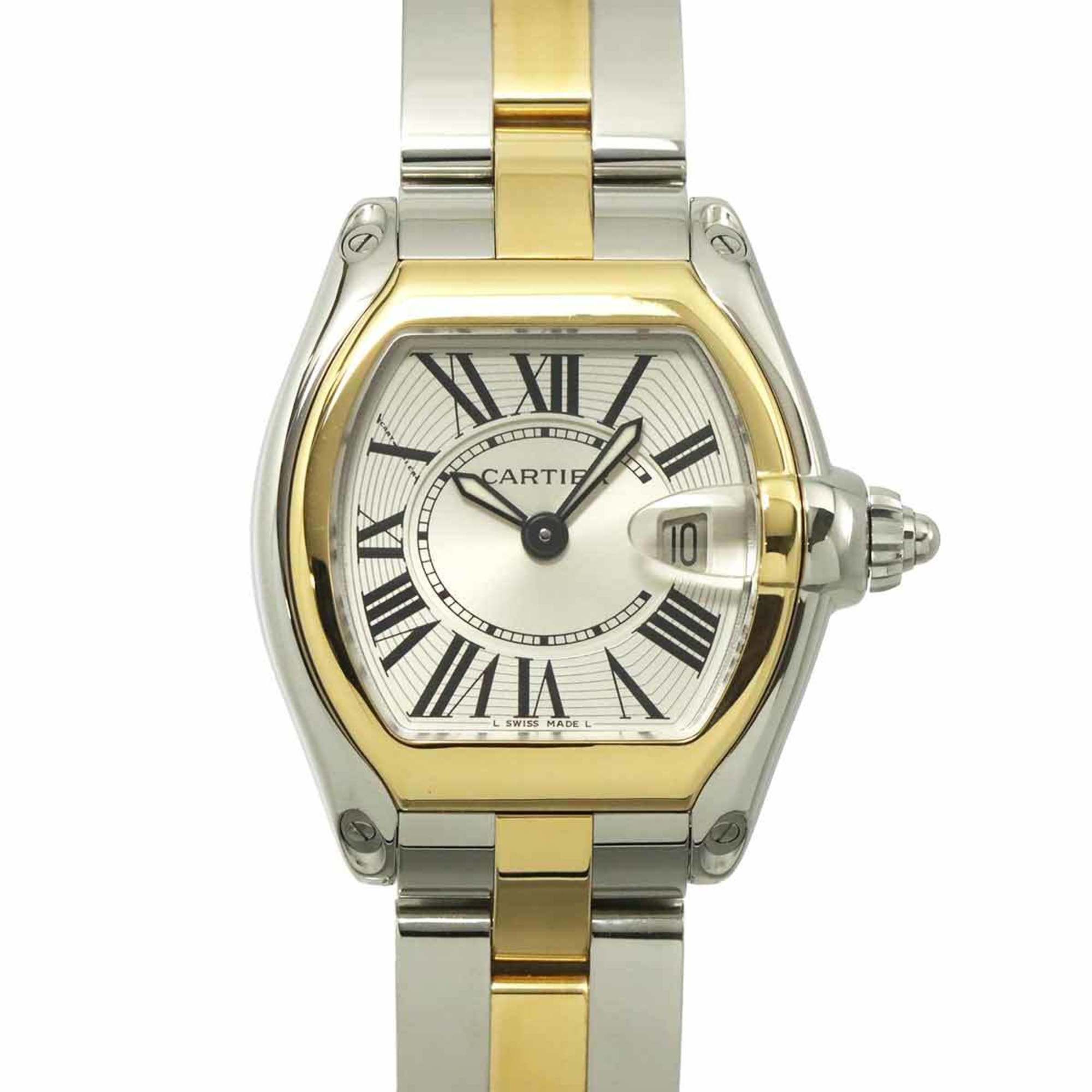 Cartier Roadster SM Two-tone Watch W62026Y4 Women's with Date Display, Silver 18K White Gold Quartz