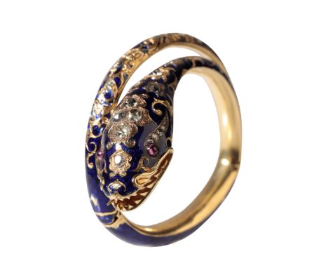 A VICTORIAN DIAMOND, ENAMEL AND GOLD EXPANDING SERPENT BRACELET the serpent's head and neck set with old-mine cut diamonds, t