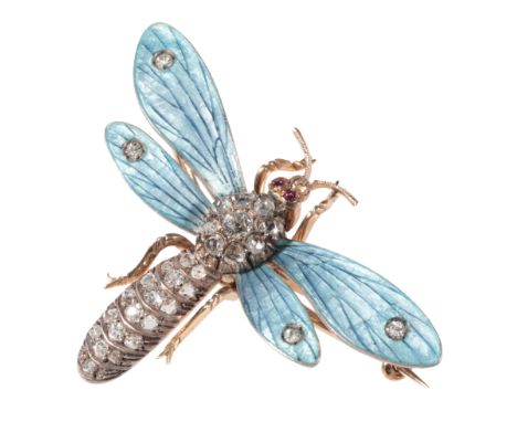 A LATE VICTORIAN DIAMOND AND ENAMEL INSECT BROOCH its abdomen and thorax set with old-cut diamonds, and round-cut ruby eyes, 