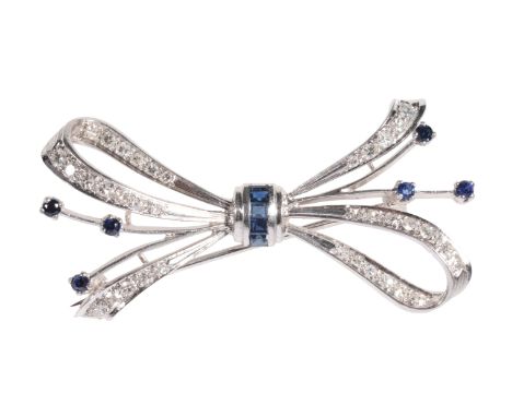 A SAPPHIRE AND DIAMOND BOW BROOCH the stems and tie with square and round-cut sapphires, within bows of brilliant-cut diamond