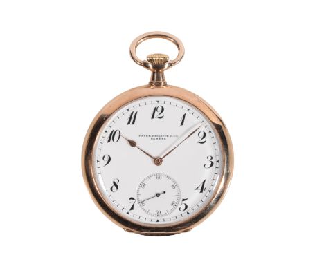 PATEK PHILIPPE: A 14CT GOLD GENTLEMAN'S OPEN FACE POCKET WATCH with keyless wind movement, white enamel dial, subsidiary seco