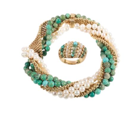 A YELLOW GOLD MESH BRACELET overlaid with twisted rows of cultured pearls and jadeite beads, the ringed clasp stamped "18ct",