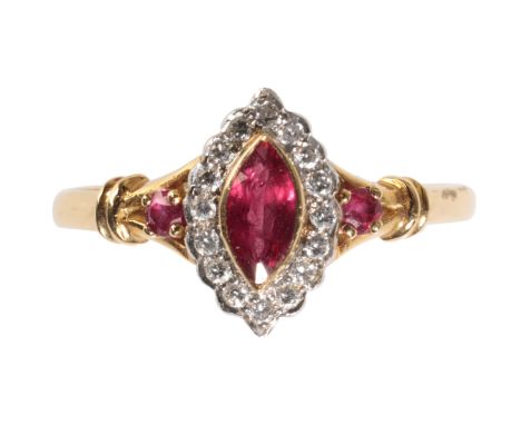 A RUBY AND DIAMOND RING the marquise-cut ruby collet-set within a border of round-cut diamonds, on an 18ct yellow gold shank,