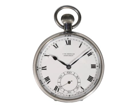 J. W. BENSON OF LONDON: A NICKEL PLATED OPEN FACE POCKET WATCH with keyless wind movement, white enamel dial, subsidiary sec