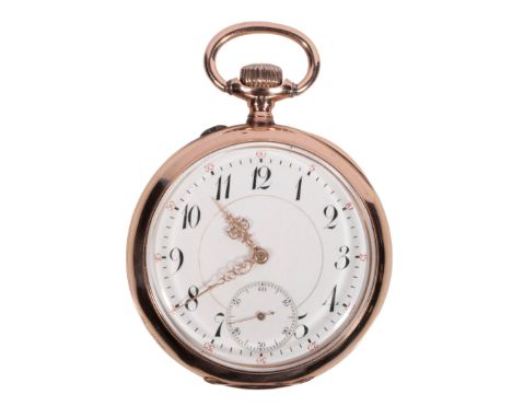 A 14CT GOLD OPEN FACE GENTLEMAN'S POCKET WATCH with keyless wind movement, white enamel dial, subsidiary seconds dial, black 