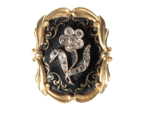 A VICTORIAN ENAMEL AND DIAMOND MOURNING BROOCH the diamond-set "forget me not" on a black enamel ground, with clear locket ba