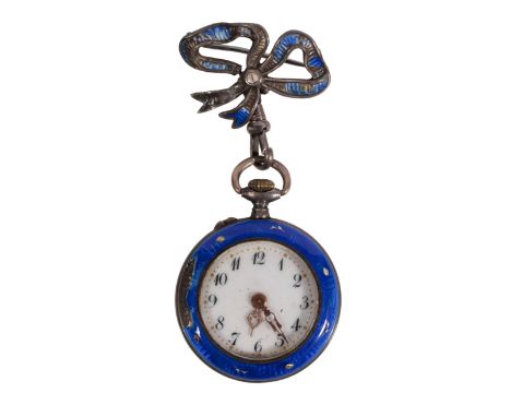 A 9 CT GOLD &amp; ENAMEL BROOCH FOB WATCH with keyless wind movement, white enamel dial, black Arabic numerals and gilt metal
