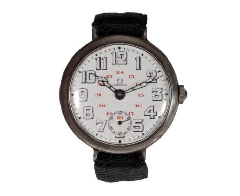 OMEGA: A GENTLEMAN'S STAINLESS STEEL TRENCH WATCH with manual wind movement, white enamel dial with subsidiary seconds dial, 