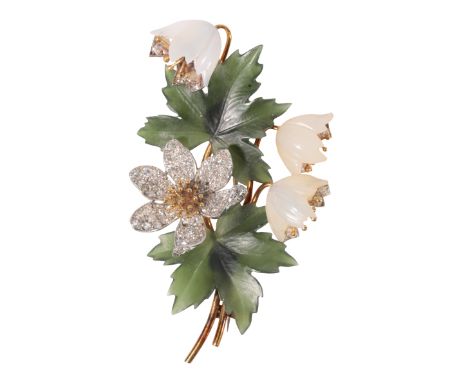 CARRINGTON &amp; CO: A 1950'S SPRAY BROOCH set with diamonds, with white and spinach green "jade" leaves, the yellow gold ste