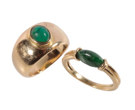 A CABOCHON EMERALD RING the emerald, collet-set to an unmarked yellow gold shank, ring size I, together with one other unmark