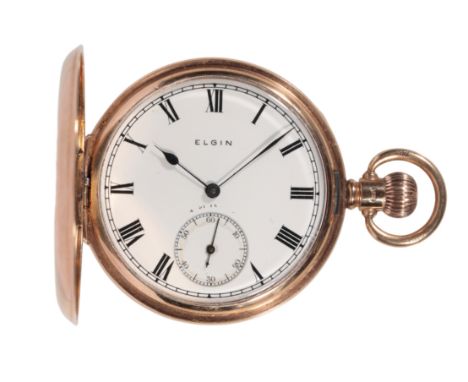 ELGIN: A 9CT GOLD FULL HUNTER GENTLEMAN'S POCKET WATCH with keyless wind movement, white enamel dial, black Roman numerals, d