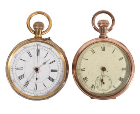 A 9CT GOLD OPEN FACE GENTLEMAN'S POCKET WATCH with keyless wind movement, white enamel dial, black Roman numerals, gold hands