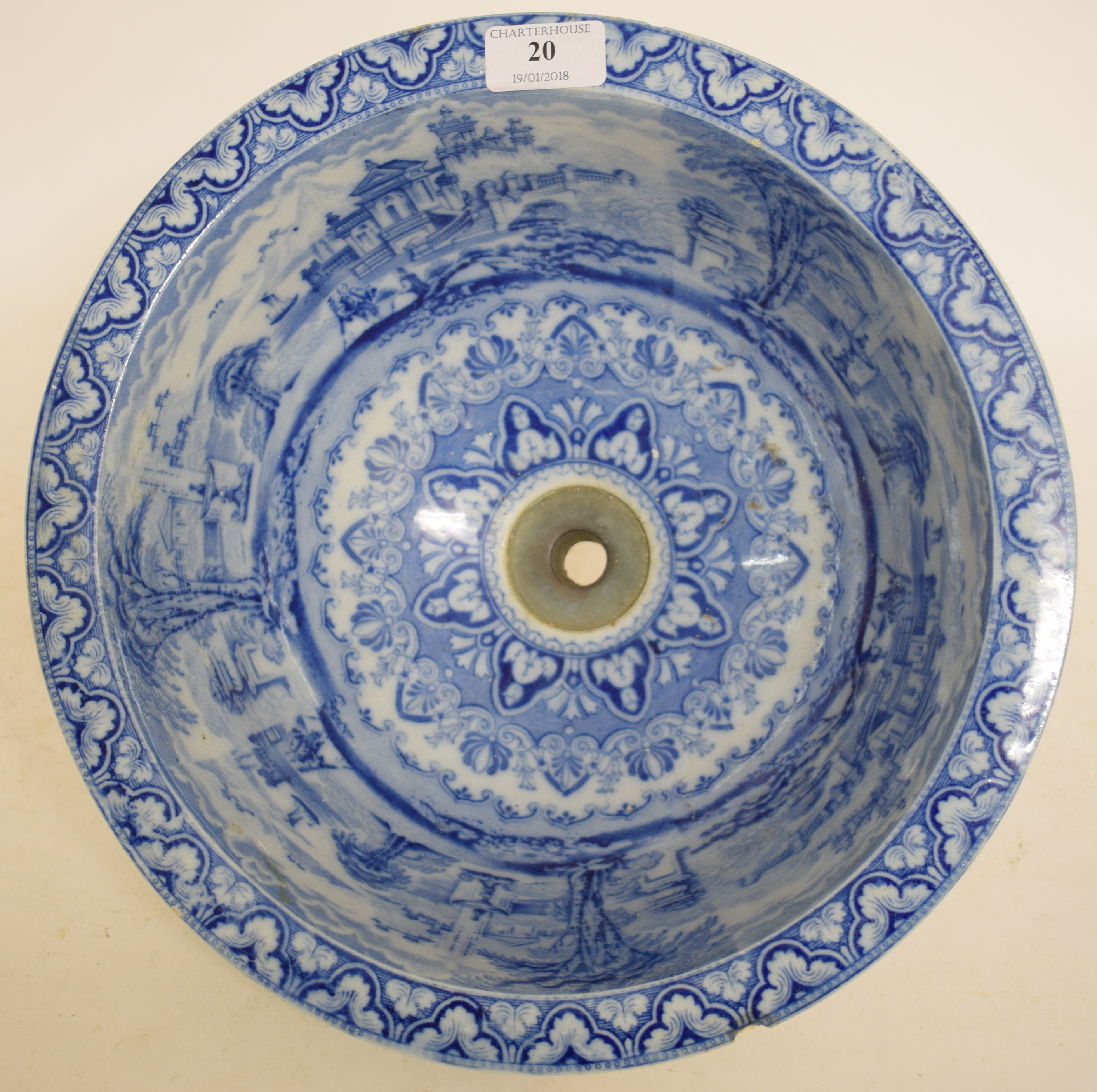 A Thomas Twyford pottery wash basin or sink, with blue transfer printed