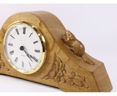 'Beaverman' carved oak mantle clock with Quartz movement, by Colin Almack of Sutton-under-Whitestonecliffe, W33cm   Condition