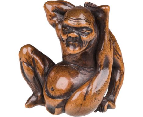  Netsuke, Anfang 19. Jh. Buchsbaumholz; grimassierender Schlangenmensch, H. 3,6 cm     Netsuke, early 19th century boxwood, h