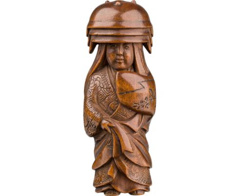  Netsuke, 2. Hälfte 19. Jh. Buchsbaumholz; Ehebrecherin Nabe Kaburi mit 3 Töpfen auf dem Kopf; die Zahl der Töpfe entspricht 