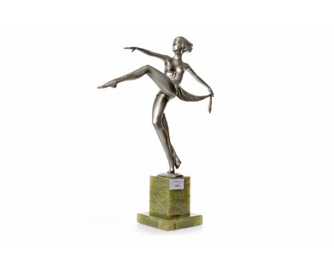 ART DECO FIGURE OF A DANCER AFTER JOSEF ADOLPH modelled on one foot with arms outstretched with scarf around the body, signat
