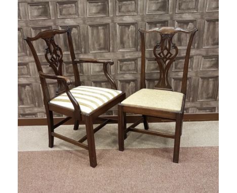 SET OF SIX MAHOGANY DINING CHAIRS OF CHIPPENDALE DESIGNthe serpentine top rail with pierced vase shaped splat below, upholste