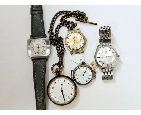 A group of mixed watches including Smiths Astrolon, Montra Datomatic, Tissot Seastar and two pocket watches (one silver)