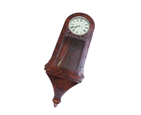 A mid 19th Century flame mahogany and glazed door wall clock, painted metal Roman dial (10" dial) signed J. Bennett, London. 