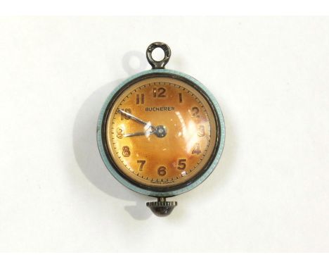 A Bueherer globe shaped pendant watch with guilloche decoration, visible movement, approximately 2.5cm tall 