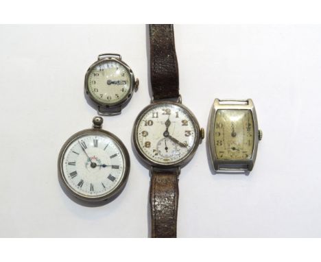 A group of four silver watches inclduing a J. W. Benson, London with subsidiary seconds dial on leather strap, two unamed exa