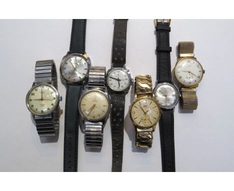 Seven manual wind wristwatches including Smiths Astral, Rotary Timor, Cyma, Services, Superoma de Luxe and Timex 