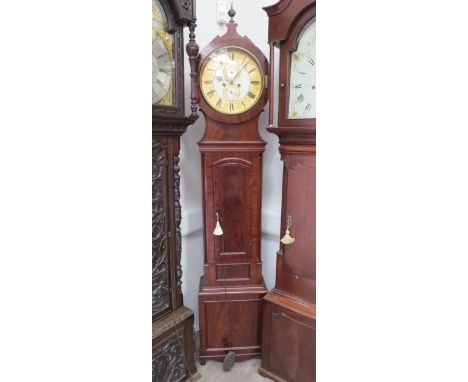 A 19th Century flame mahogany 8-day longcase clock with painted circular 13" dial. 8-day movement with rack and snail strikin