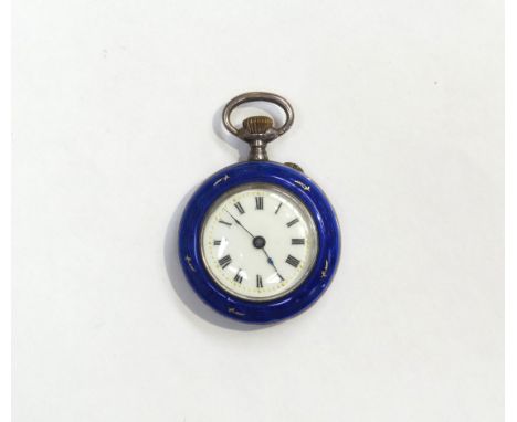A French silver and blue enamel keyless wind fob watch with import marks dating it to 1908 with garland and star decoration, 
