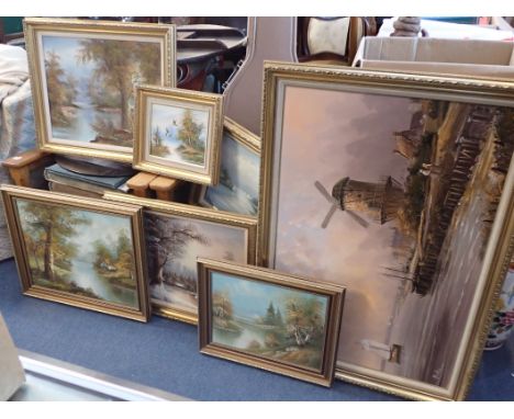 DUTCH STYLE SEASCAPE WITH WINDMILL oil on canvas, with a group of  landscapes, all oil on canvas (6)