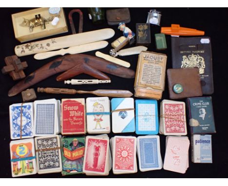 A 'STANHOPE' HANDLED PEN/PAPERKNIFE vintage playing cards, and other items