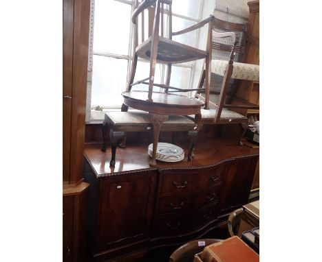 A MAHOGANY CHIPPENDALE STYLE SIDEBOARD  with two padded stools, a side table and two chairs, one 18th century revival, one Ar