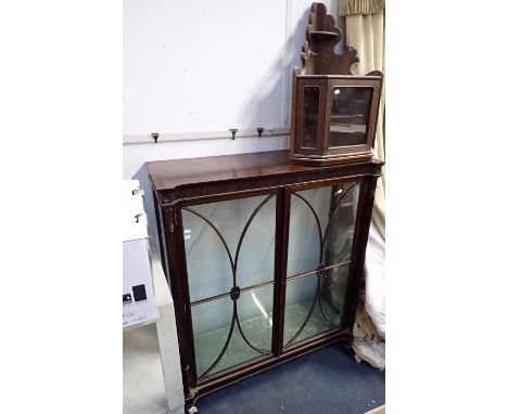 MAHOGANY DISPLAY CABINET in a Chippendale revival style and unusually glazed front and back, with an oak hanging display cupb