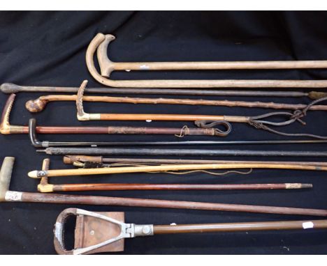 A QUANTITY OF STICKS, GUN CLEANING ROD shooting stick etc, one stick with a silver 'Mr Punch' mount (a/f)