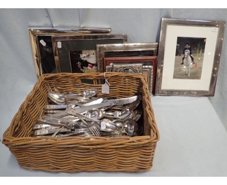 A COLLECTION OF FLATWARE with silver and silver plated picture frames