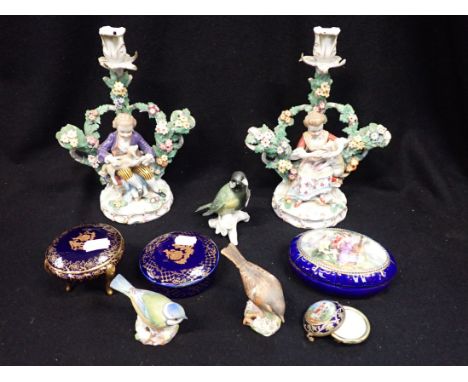 A ROYAL WORCESTER BLUE TIT a pair of (damaged) continental bocage candlesticks, and other items