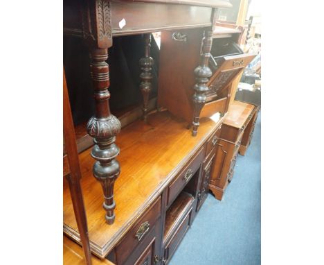 A LATE VICTORIAN SIDEBOARD with Aesthetic details, with a coal cabinet, a bedside cabinet, a side table with Tudor revival le