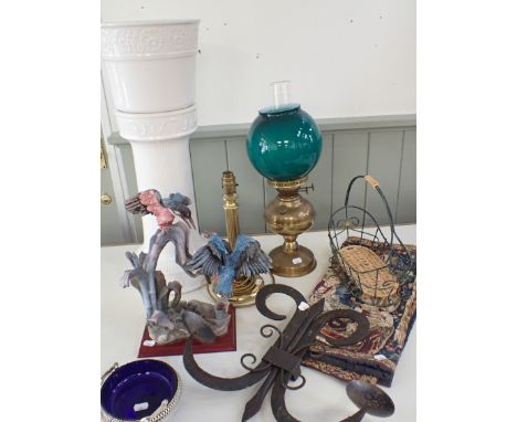 A VICTORIAN OIL LAMP together with a collection of miscellaneous items including a table lamp, a wrought iron candle holder a